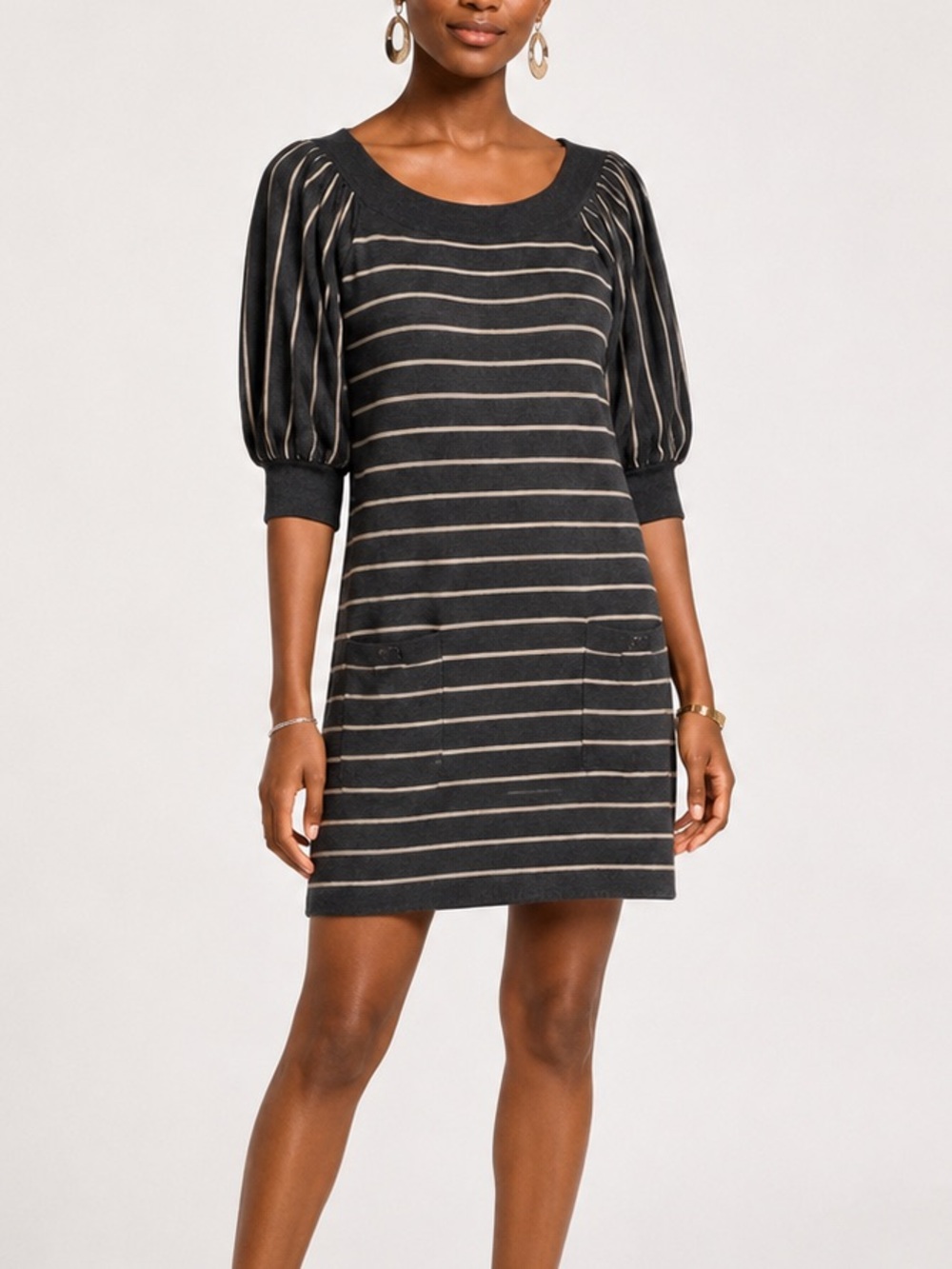 Jessica Howard Charcoal Taupe Striped Knit Sweater Dress Puff Sleeve Large